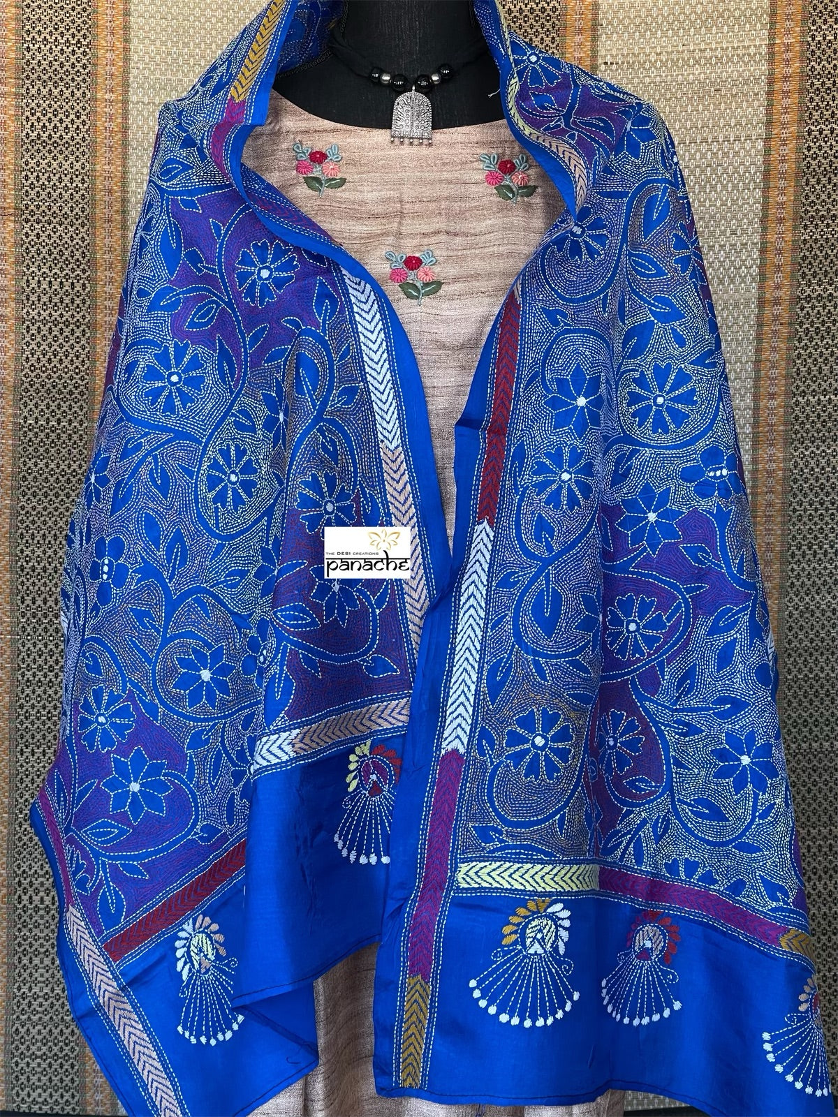 Pure Khadi Silk Stole - Royal Blue Kantha Stitch
