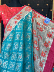 Tussar Georgette Banarasi- Teal Blue Orange Paithani border