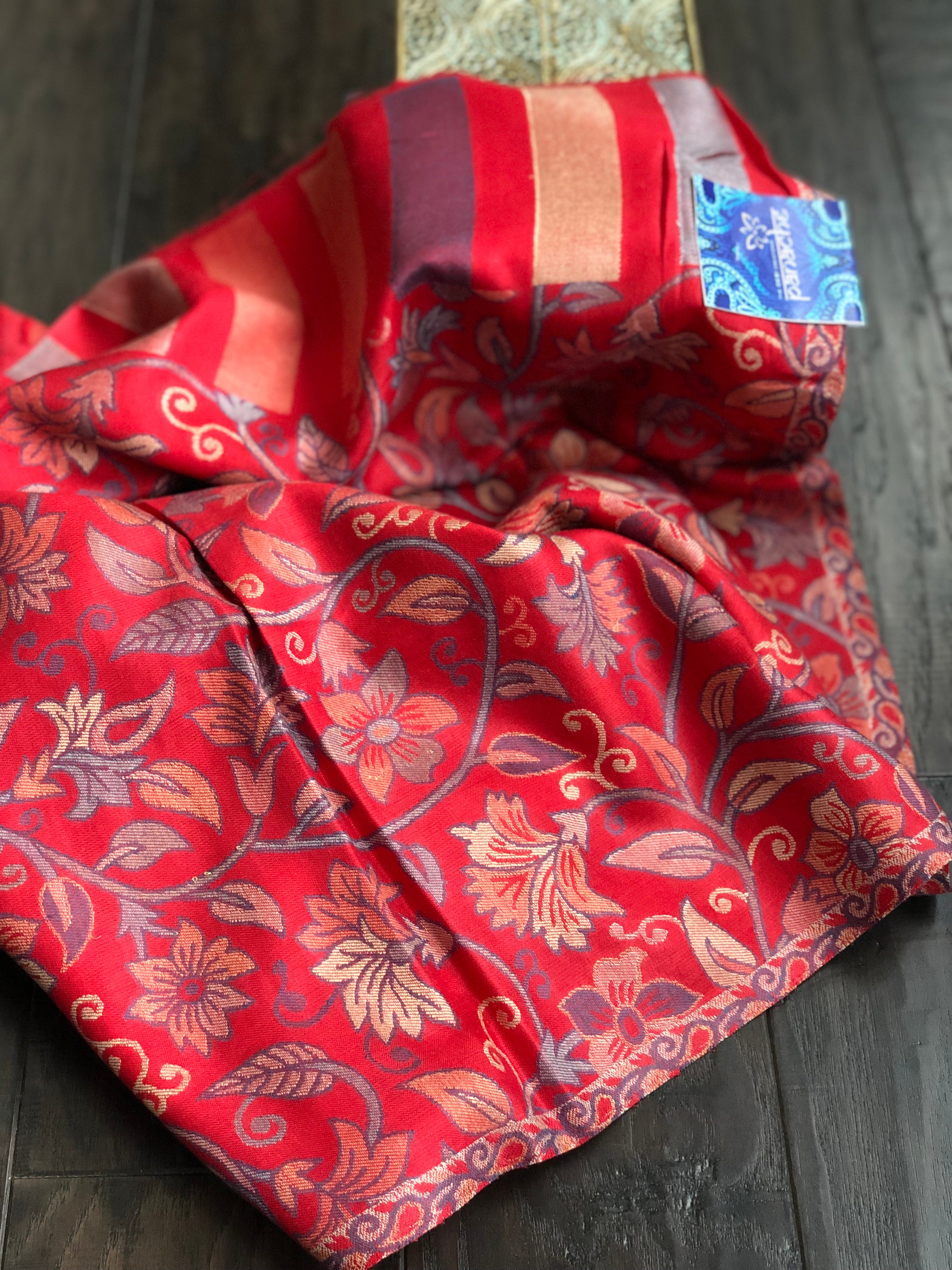 Kashmiri Semi Pashmina Stole - Red Multi 1 Resham Woven