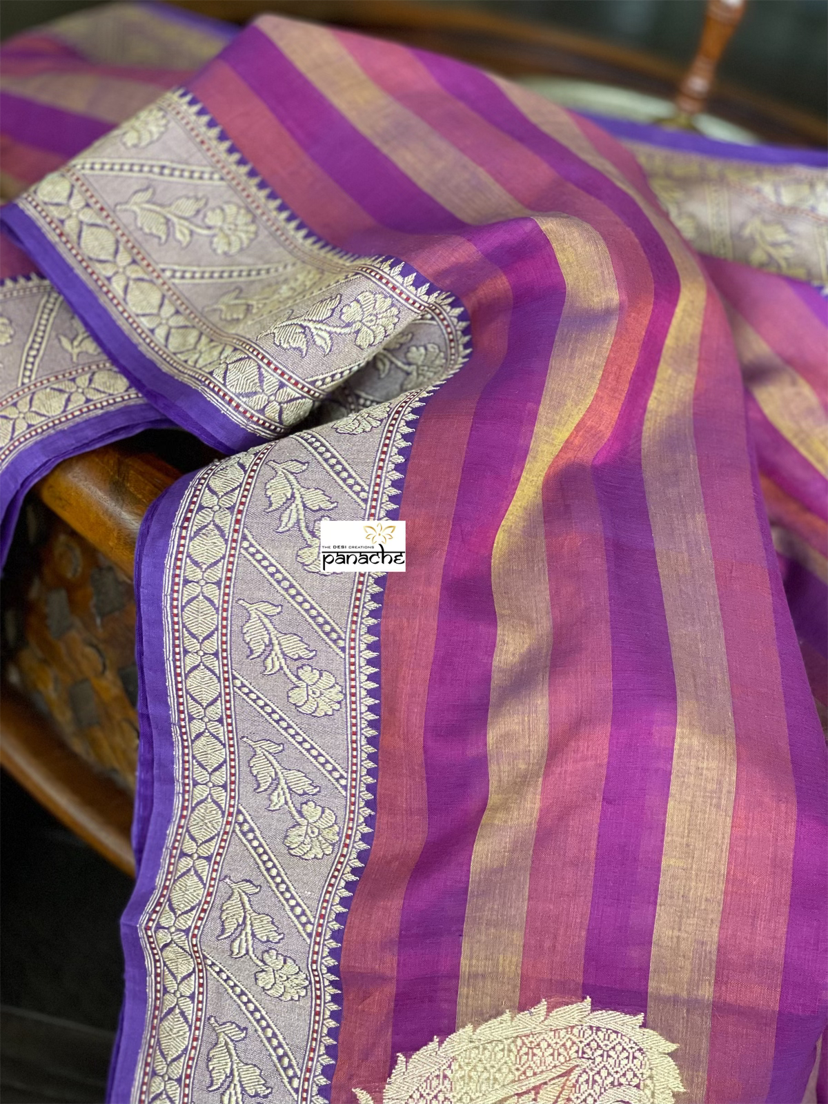Pure Malmal Cotton Banarasi - Purple Striped Kadwa Zari Woven