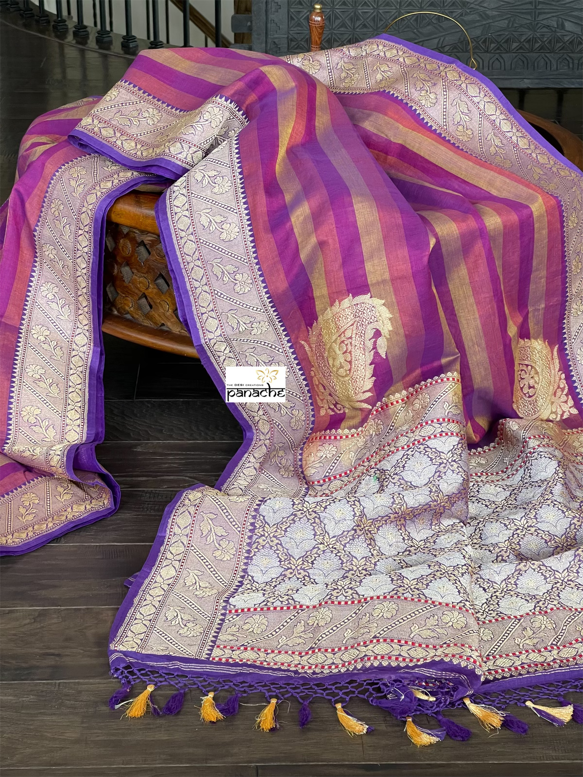Pure Malmal Cotton Banarasi - Purple Striped Kadwa Zari Woven