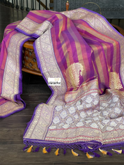 Pure Malmal Cotton Banarasi - Purple Striped Kadwa Zari Woven