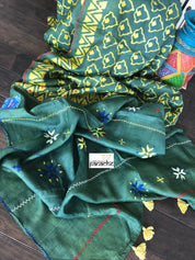 Pure Tussar Silk - Bottle Green Yellow Printed Kantha Stitch