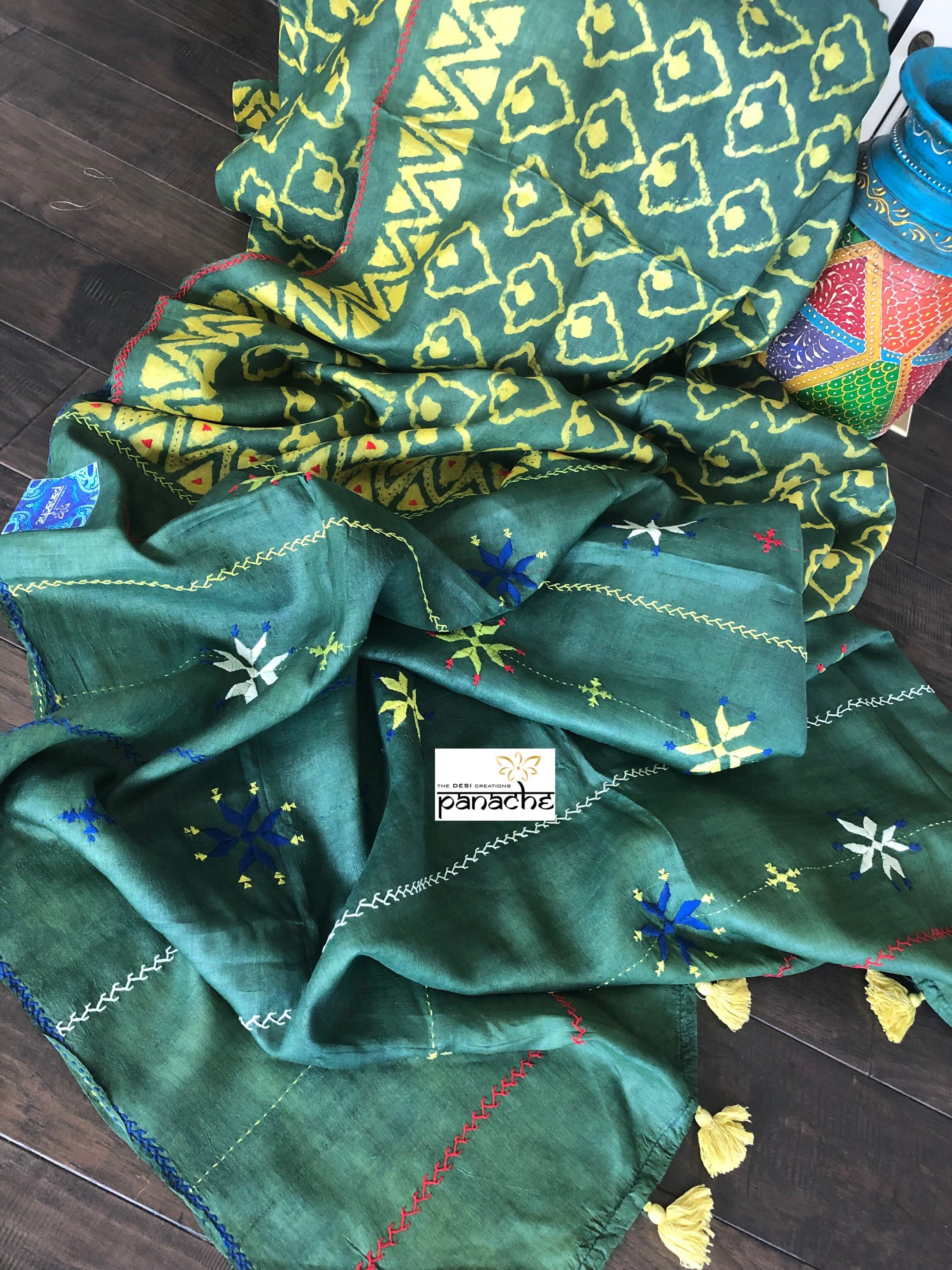 Pure Tussar Silk - Bottle Green Yellow Printed Kantha Stitch