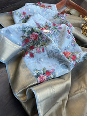Mulmul Banarasi Floral - Grey Multi color