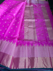 Pure Chanderi Pattu Silk - Magenta Pink Green Golden Silver Zari Woven