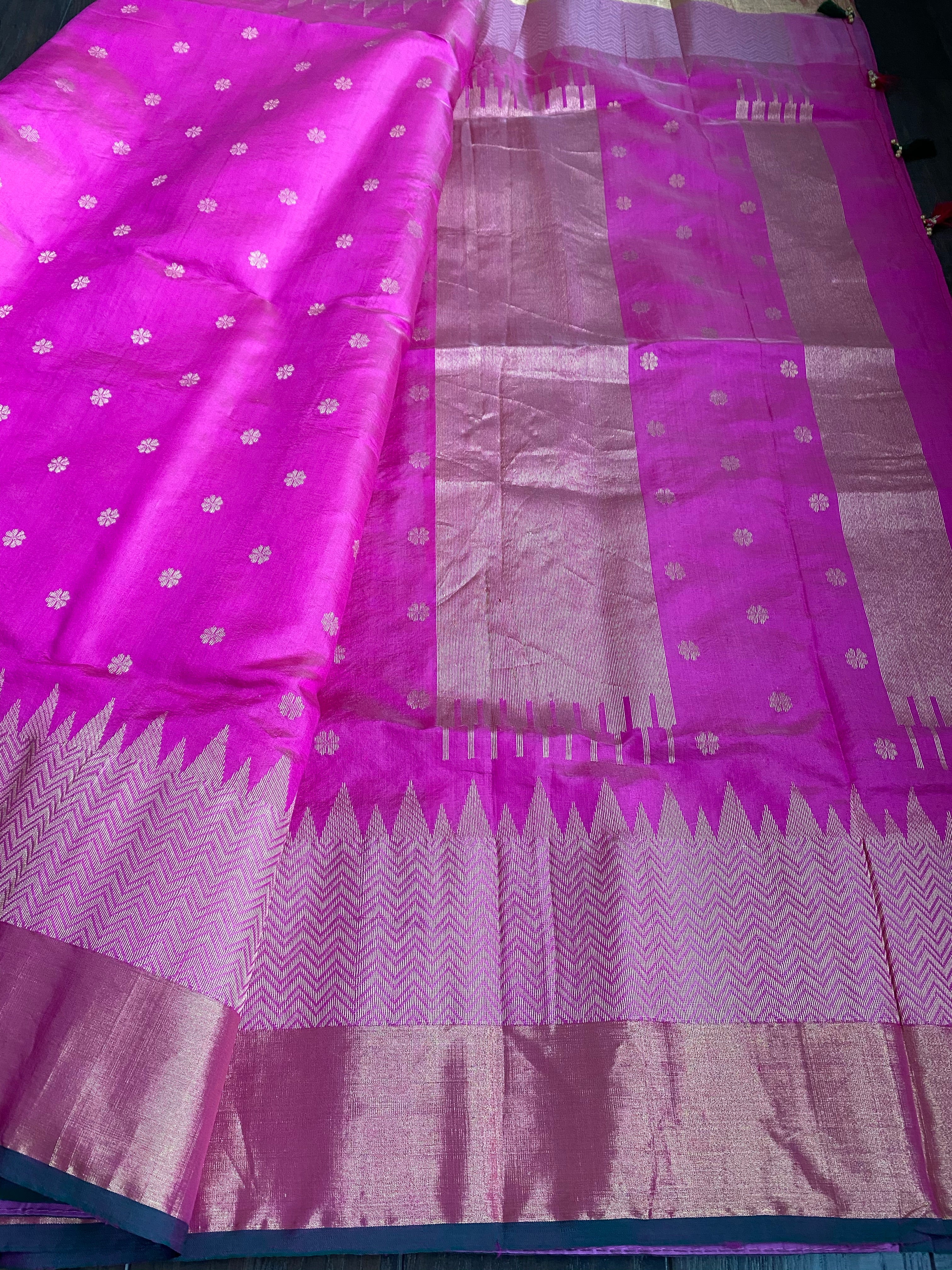 Pure Chanderi Pattu Silk - Magenta Pink Green Golden Silver Zari Woven