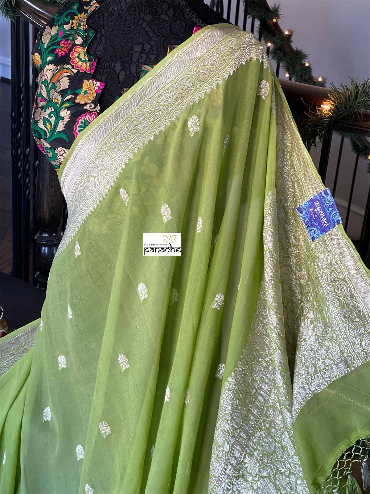 Khaddi Georgette Banarasi - Lime Green Khadhua Woven