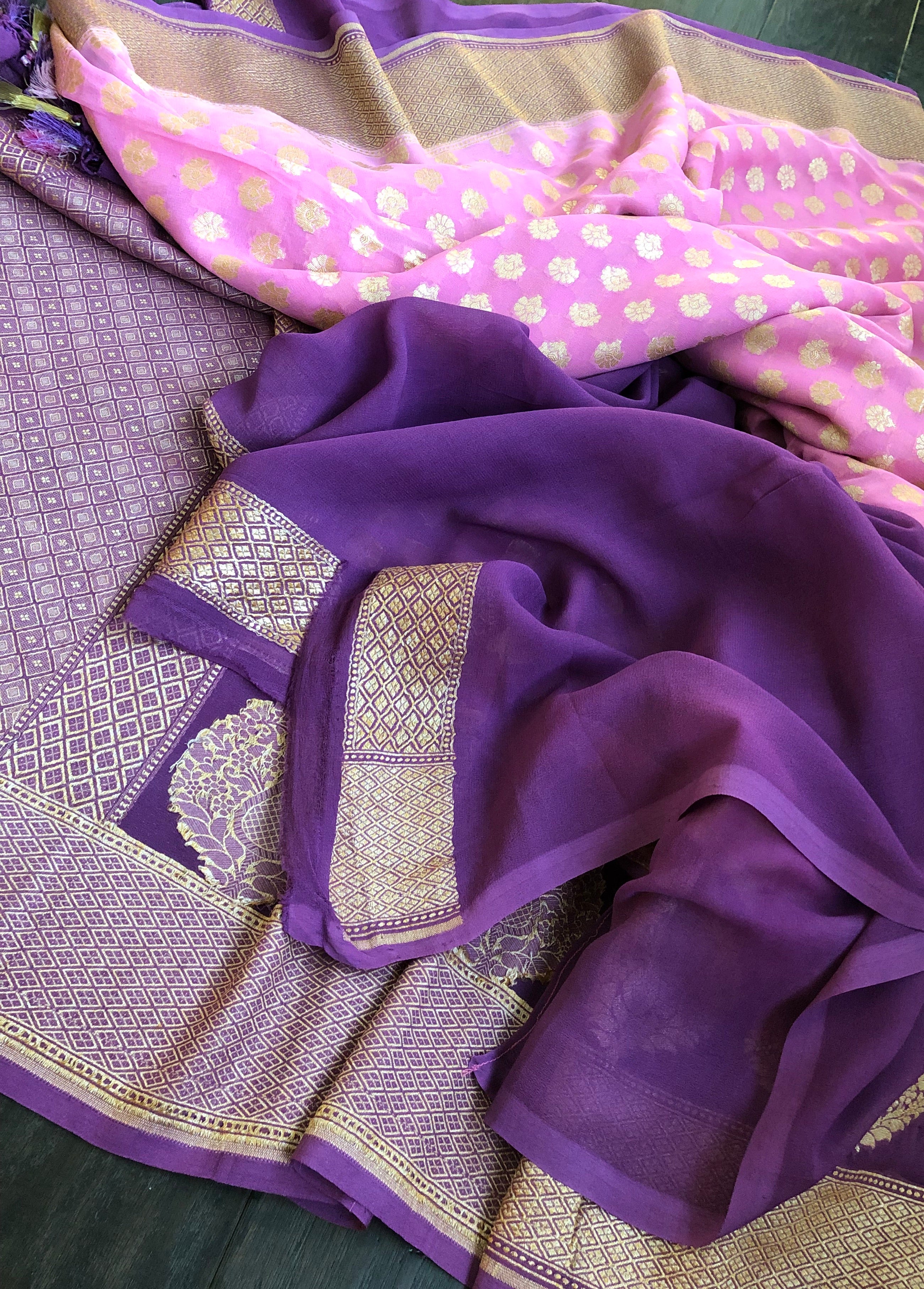 Khaddi Georgette Banarasi - Pink Purple Butidaar