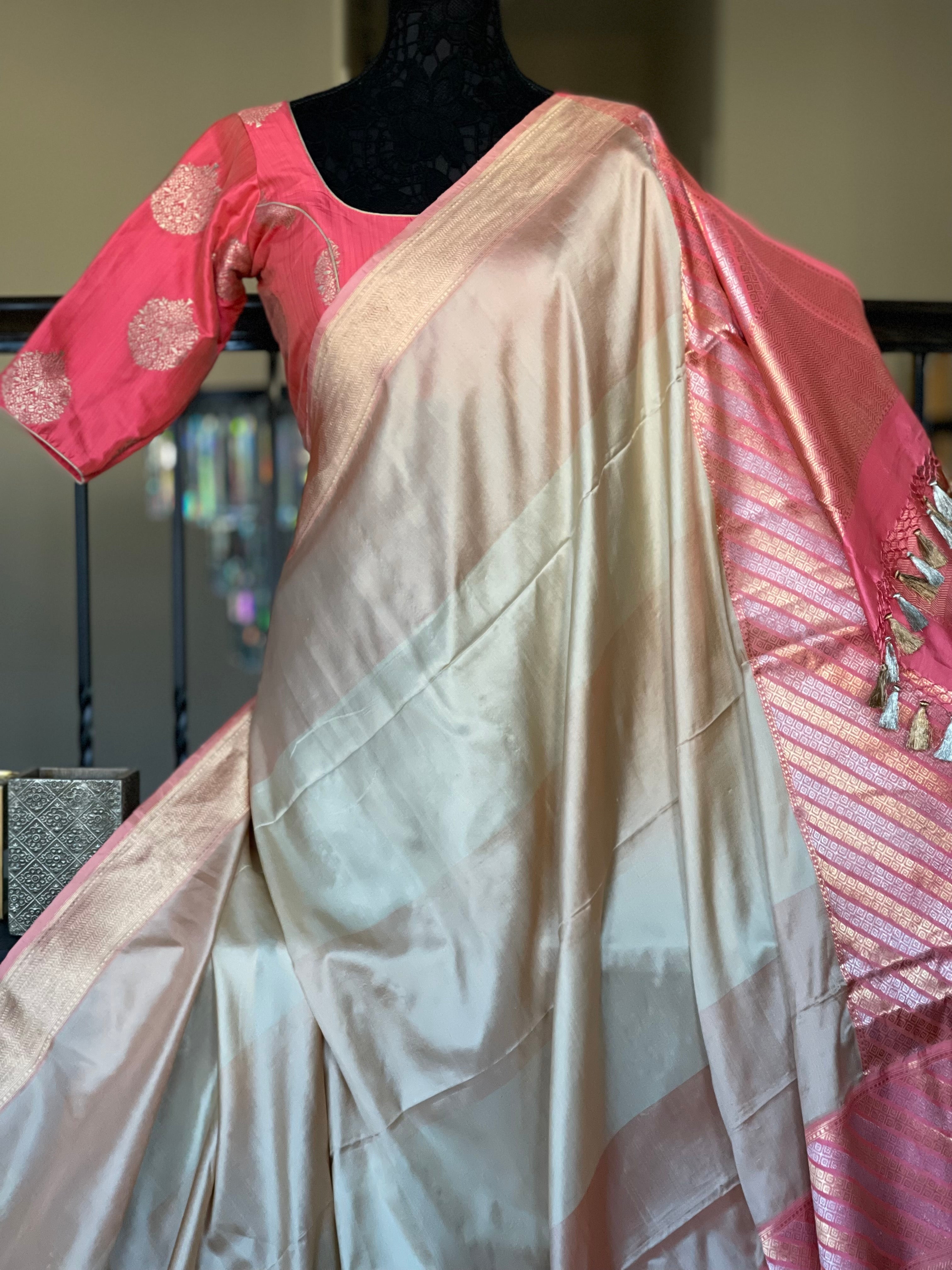 Pure Katan Silk Benarasi - Ivory Pink Golden Silver Zari