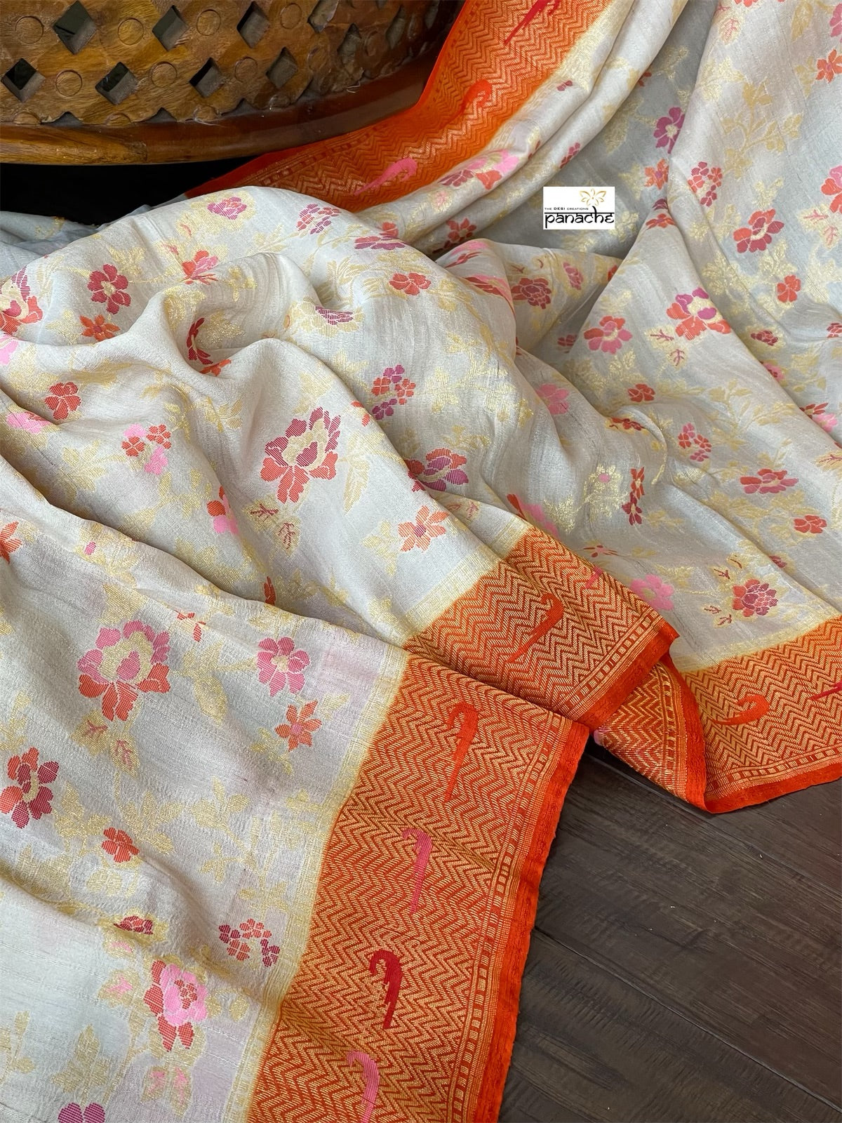 Khaddi Tussar Banarasi - Tilfi woven Beige Orange Multi Meenakari