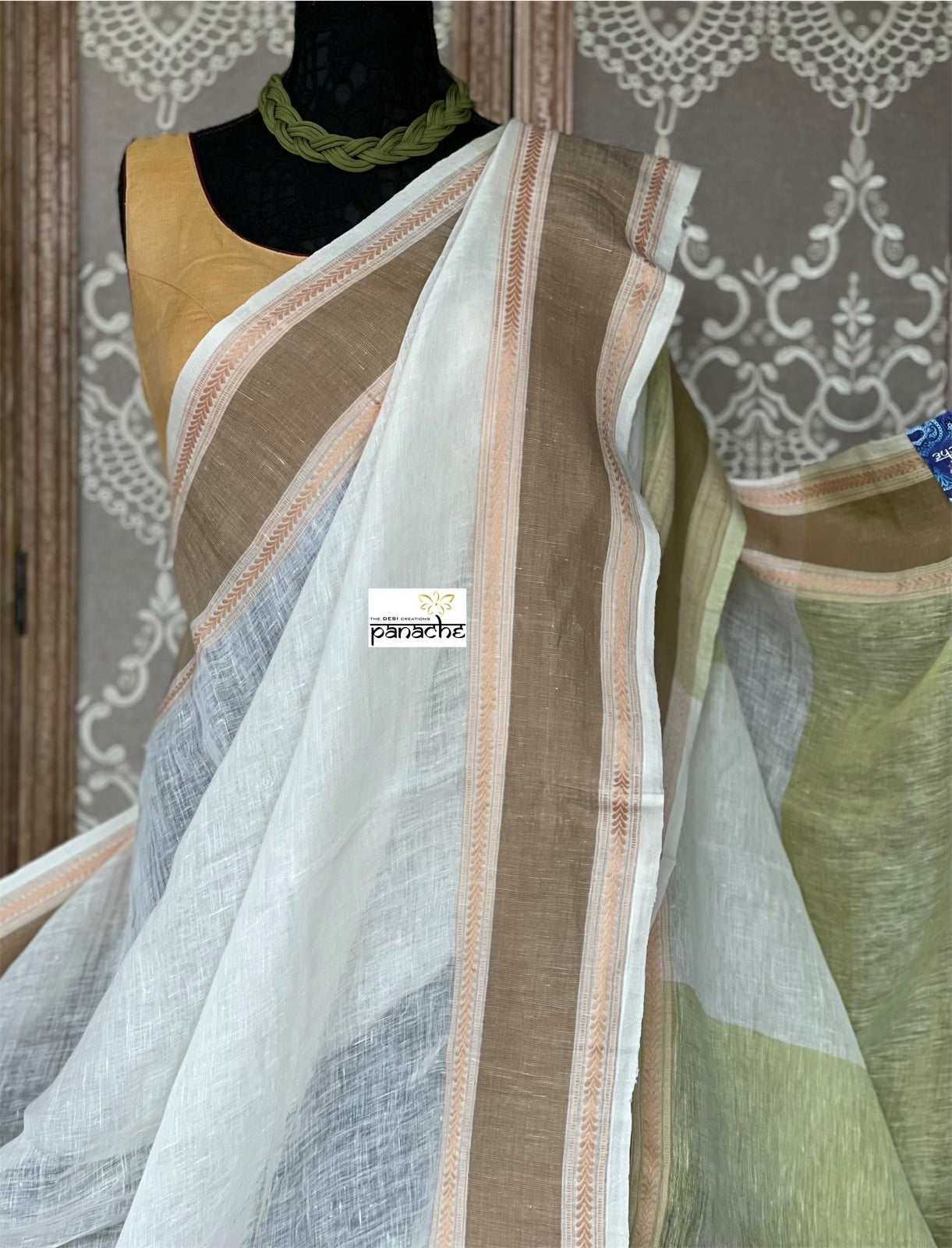 Linen Handloom - Off White Pista Green