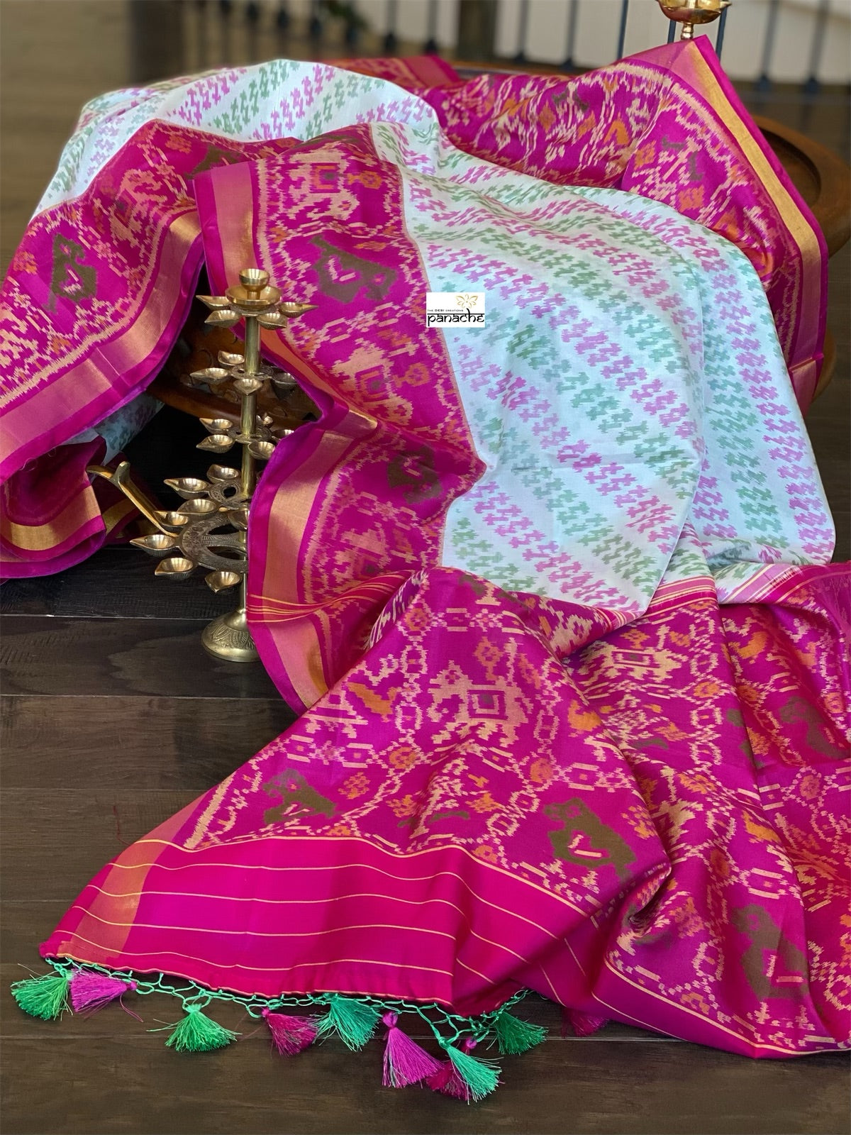Pure Silk Ikat -  Offwhite Green Magenta