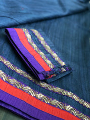 Designer Tussar Gicha Silk - Midnight Blue Appliqué
