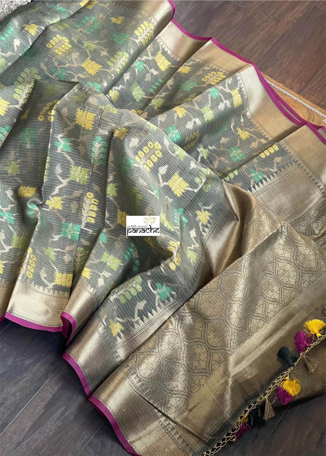 Cotton Silk Banaras Chanderi - Grey Yellow Green Woven