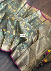 Cotton Silk Banaras Chanderi - Grey Yellow Green Woven