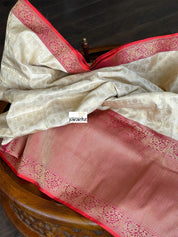 Pure Katan Silk Checkered Banarasi - Golden Beige Magenta Red Kadwa woven