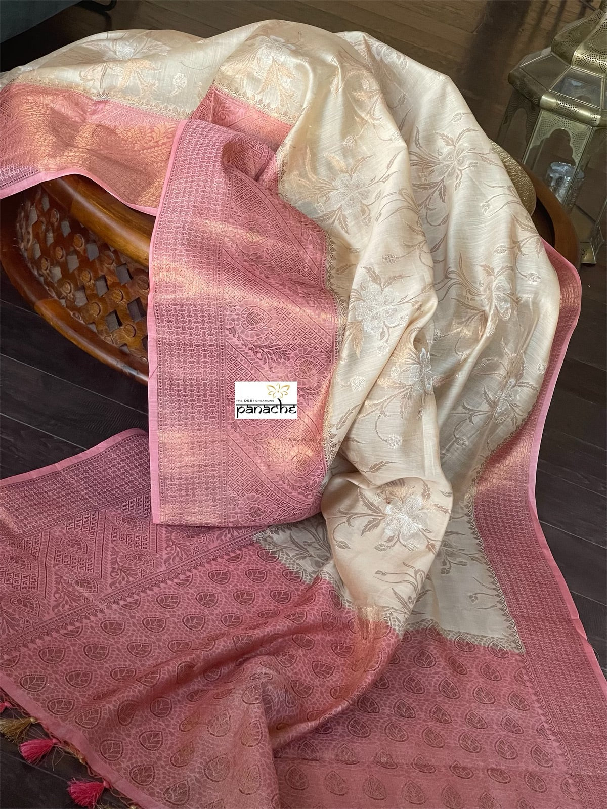 Mulmul Tissue Cotton Banarasi - Tan Beige Pink Golden Zari