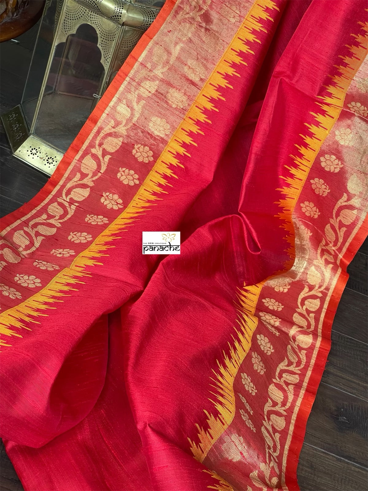 Tussar Silk Banarasi - Red Yellow Paithani Border