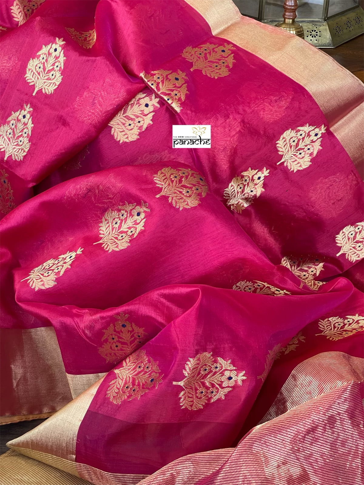 Pure Chanderi Pattu Silk - Magenta Pink Blue Iknaliya woven
