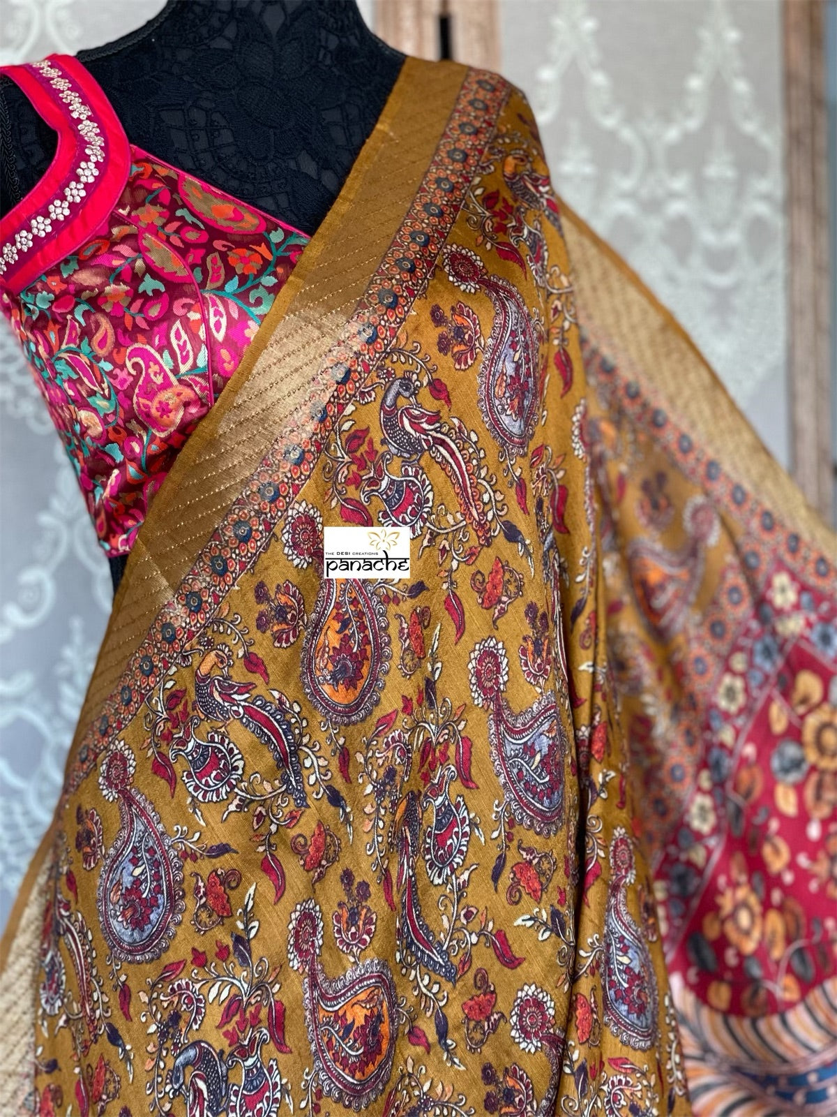 Tussar Gicha Silk - Ochre Yellow Brown  Kalamkari Printed