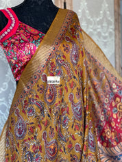 Tussar Gicha Silk - Ochre Yellow Brown  Kalamkari Printed