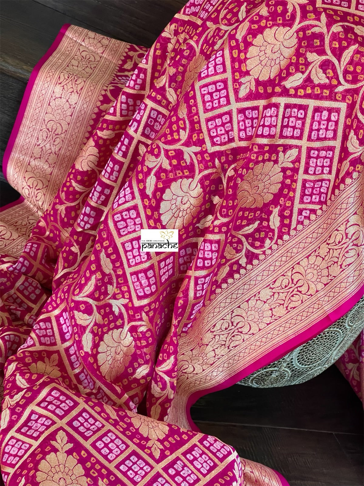 Bandhej Khaddi Georgette Banarasi - Magenta Pink