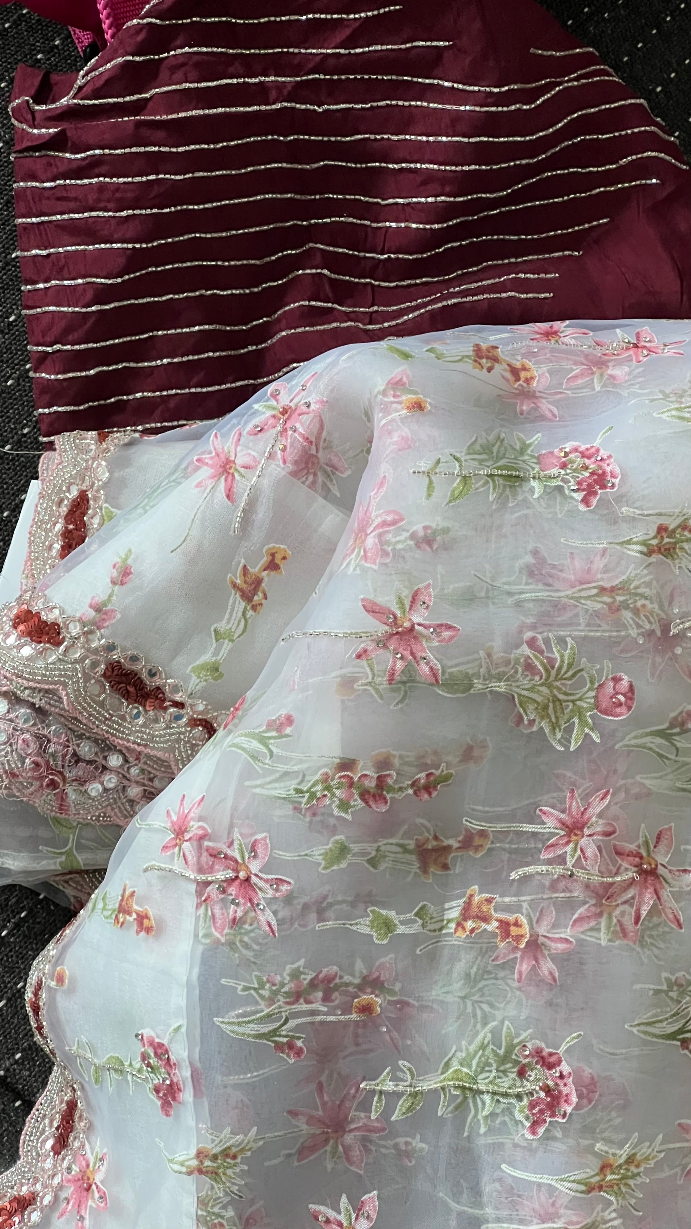Designer Organza - Off-white Maroon Hand embroidered