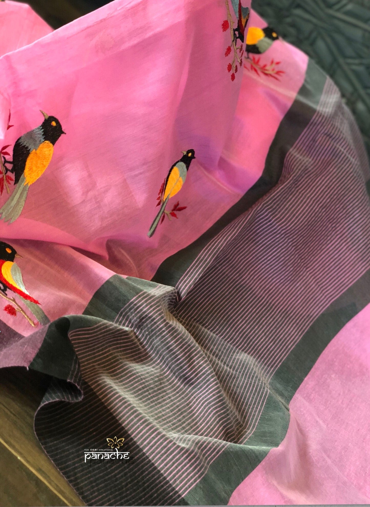 Cotton Silk Chanderi - Pink Bird Embroidered
