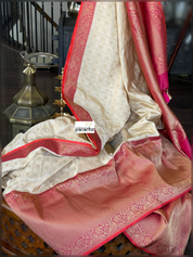 Pure Katan Silk Checkered Banarasi - Golden Beige Magenta Red Kadwa woven