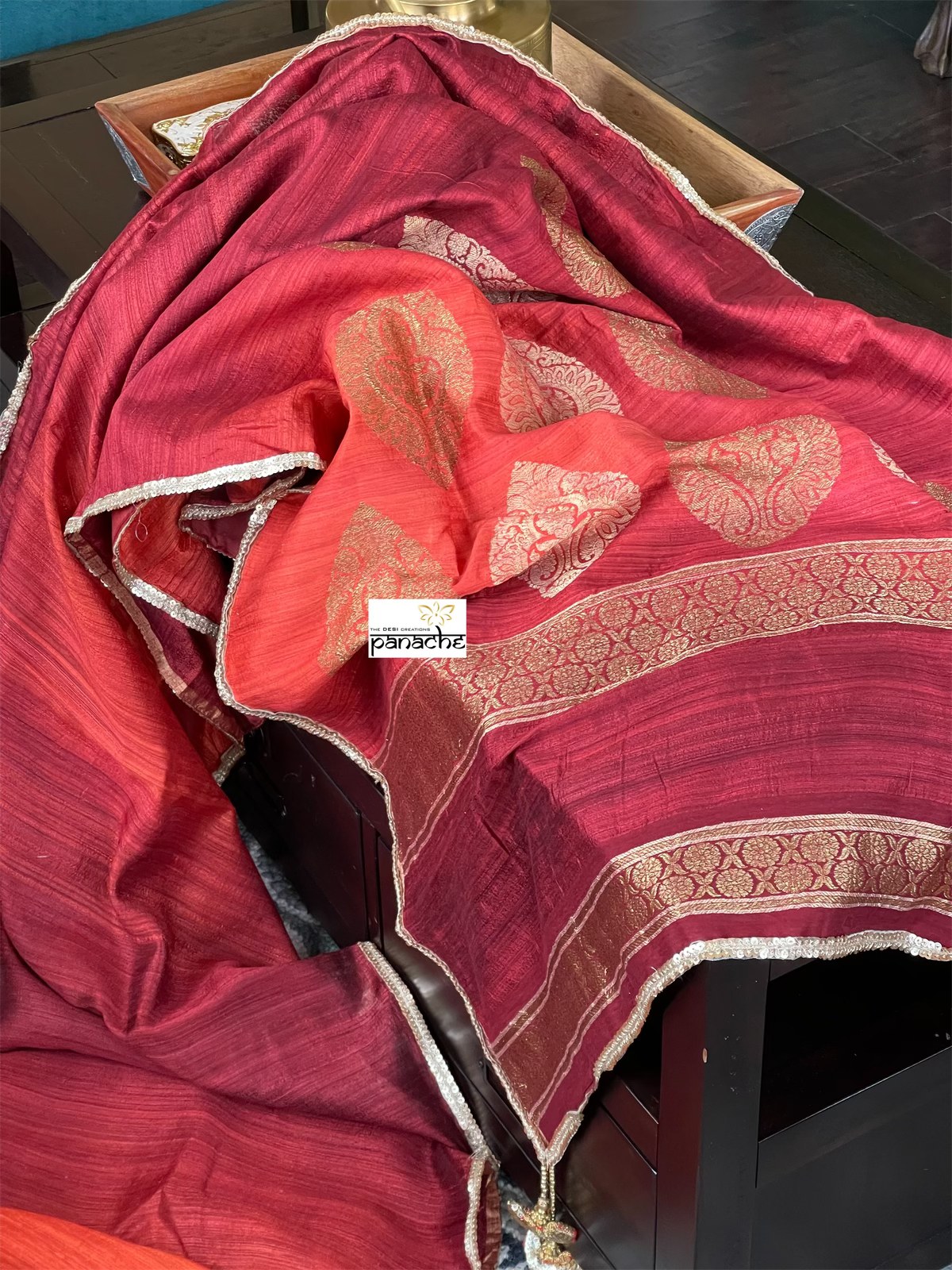 Raw Silk Banarasi - Maroon Rust Shaded