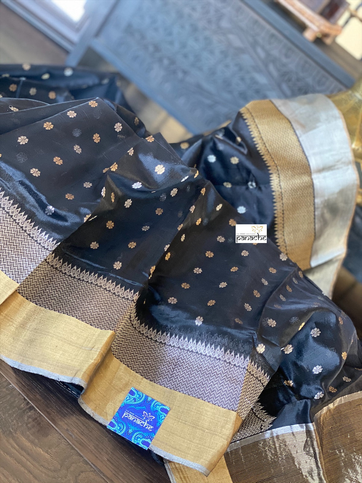 Pure Chanderi Silk -  Black Golden Silver Zari Woven