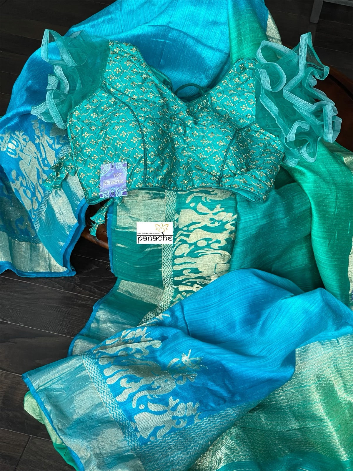 Raw Silk Banarasi - Firozi Blue Sea Green Shaded