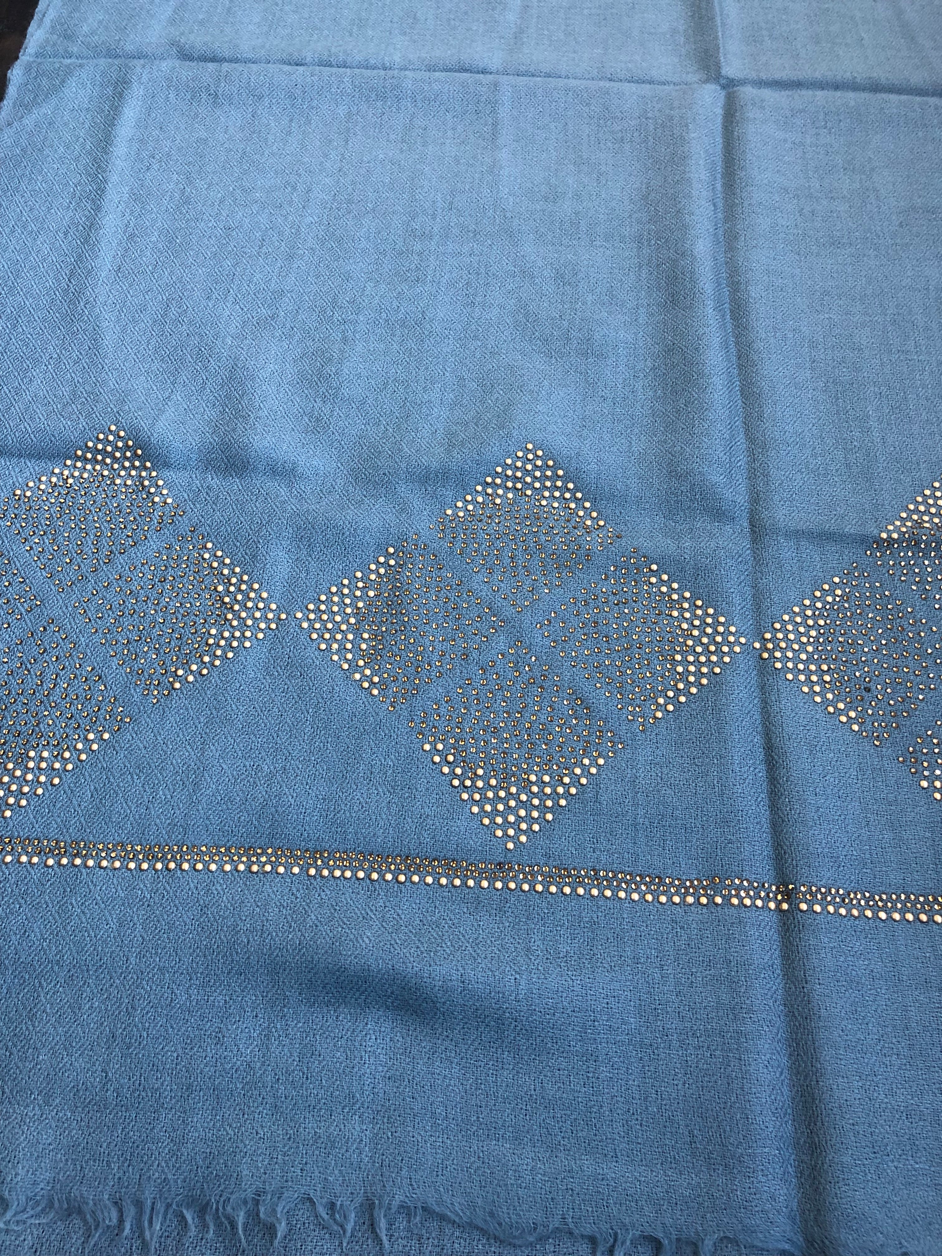Pure Pashmina Stole - Bluish Grey Golden Embellishments