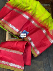 Silk Gadwal - Lime Green Red Checkered Golden Zari