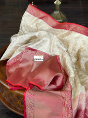 Pure Katan Silk Checkered Banarasi - Golden Beige Magenta Red Kadwa woven