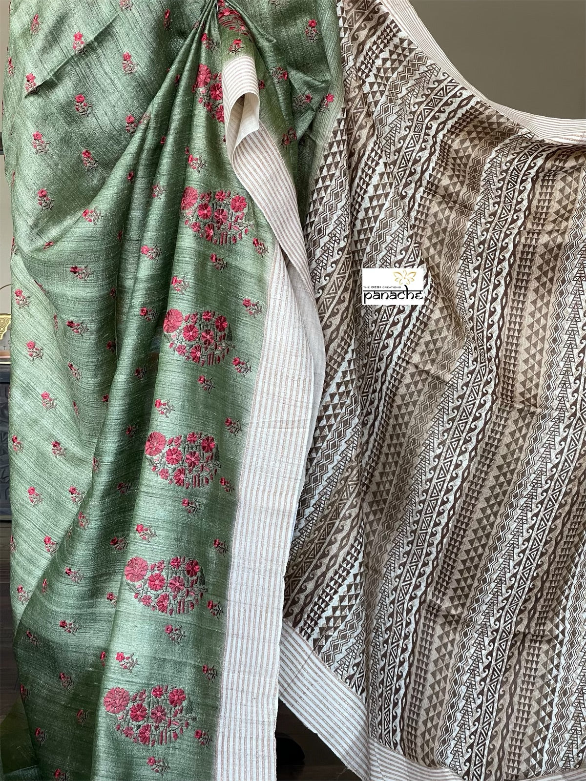 Tussar Silk - Moss Green Embroidered