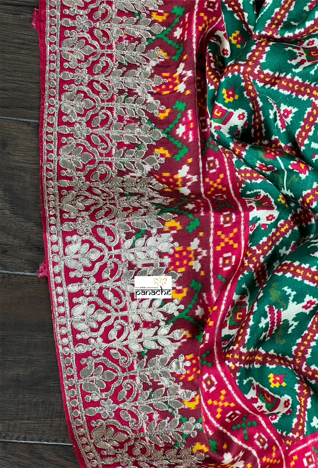 Designer Satin Maslin Silk - Green Red Patola Print