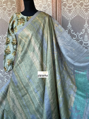 Pure Tussar Silk - Grey Pista Green Printed