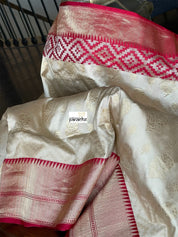 Pure Katan Silk Banarasi - Golden Beige Red Kadwa woven