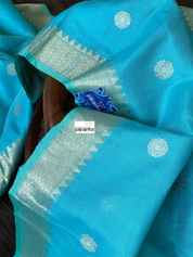 Pure Malmal Cotton Banarasi - Firozi Blue Kadwa Zari Woven