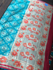 Tussar Georgette Banarasi- Teal Blue Orange Paithani border