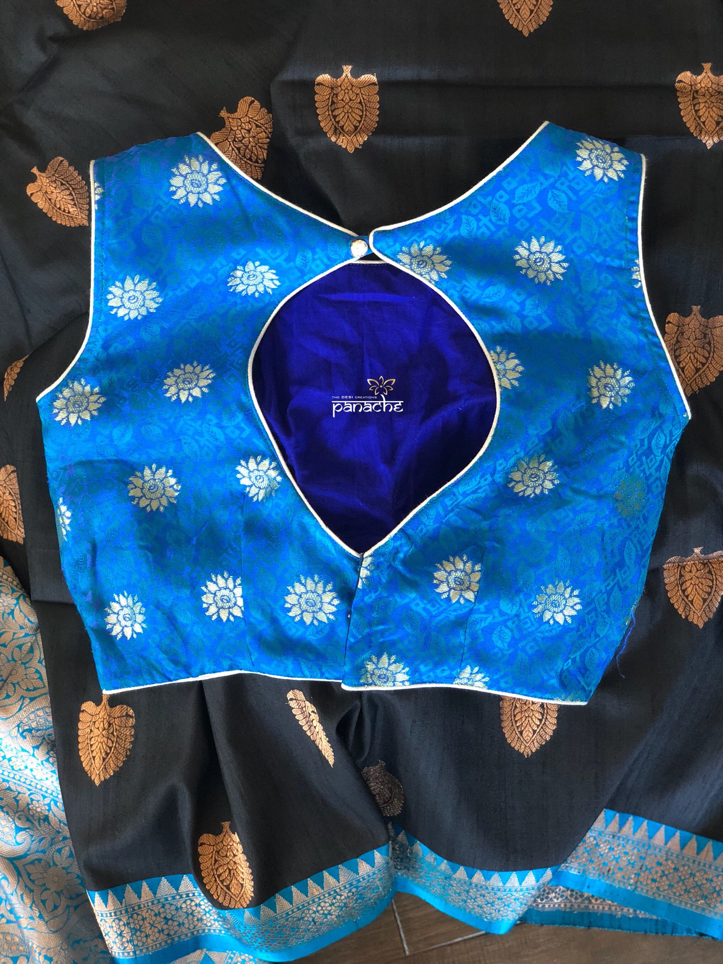 Designer Blouse - Blue Zari Flower Motif