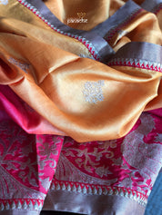 Designer Tussar Silk - Golden Yellow Raspberry Red