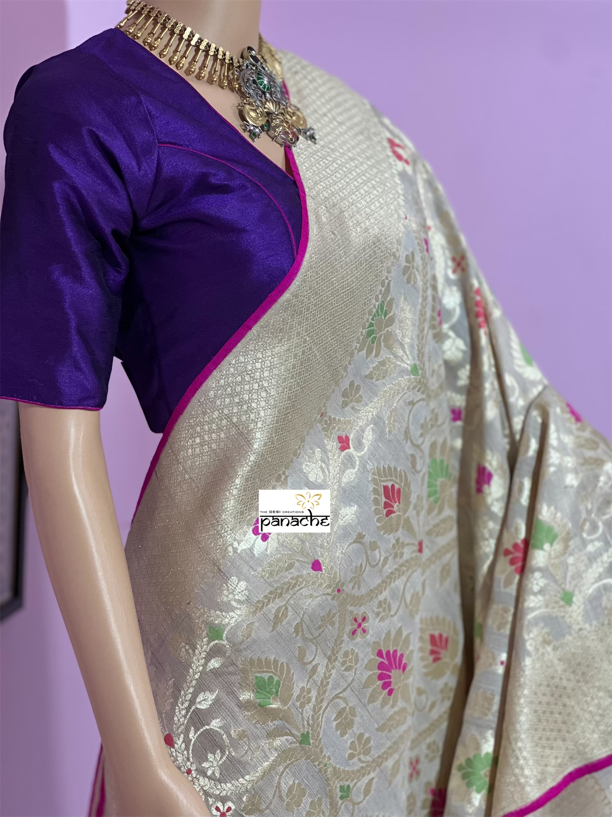 Khaddi Tussar Banarasi -  Beige Meenakari