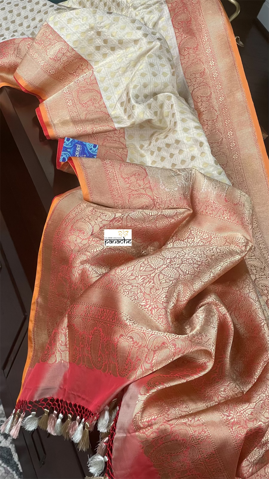 Pure Silk Katan Banarasi- Off-White Checkered