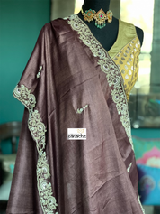 Designer Tussar Silk - Dark Coffee Brown Hand Embroidered