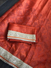 Designer Tussar Silk - Rust Golden Zari Woven