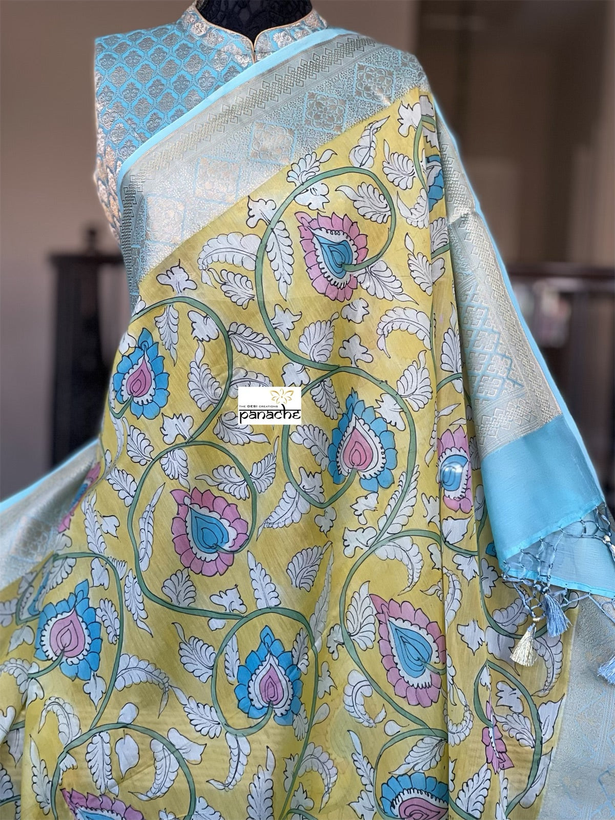 Pure Cotton Silk Kalamkari Banarasi- Yellow