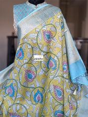 Pure Cotton Silk Kalamkari Banarasi- Yellow
